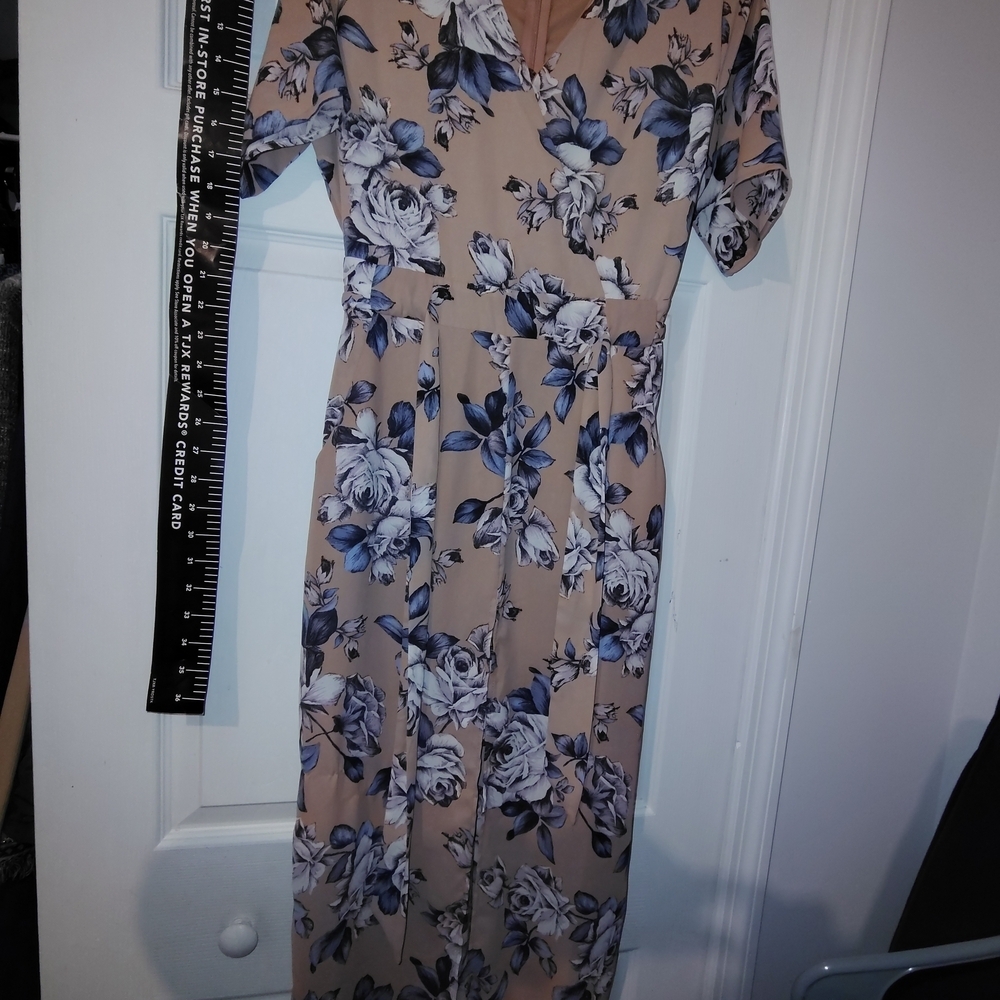Sienna Sky Tan and Blue Floral Dress S New Nwot